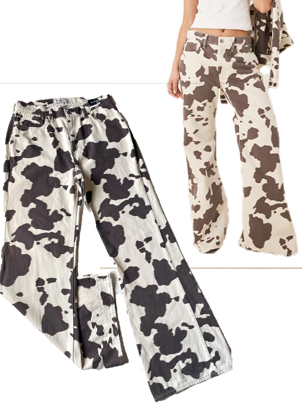 NEW Abercrombie Baggy Boot Mid Rise Curve Love Cow Print Jeans Sz 27 Long Brown